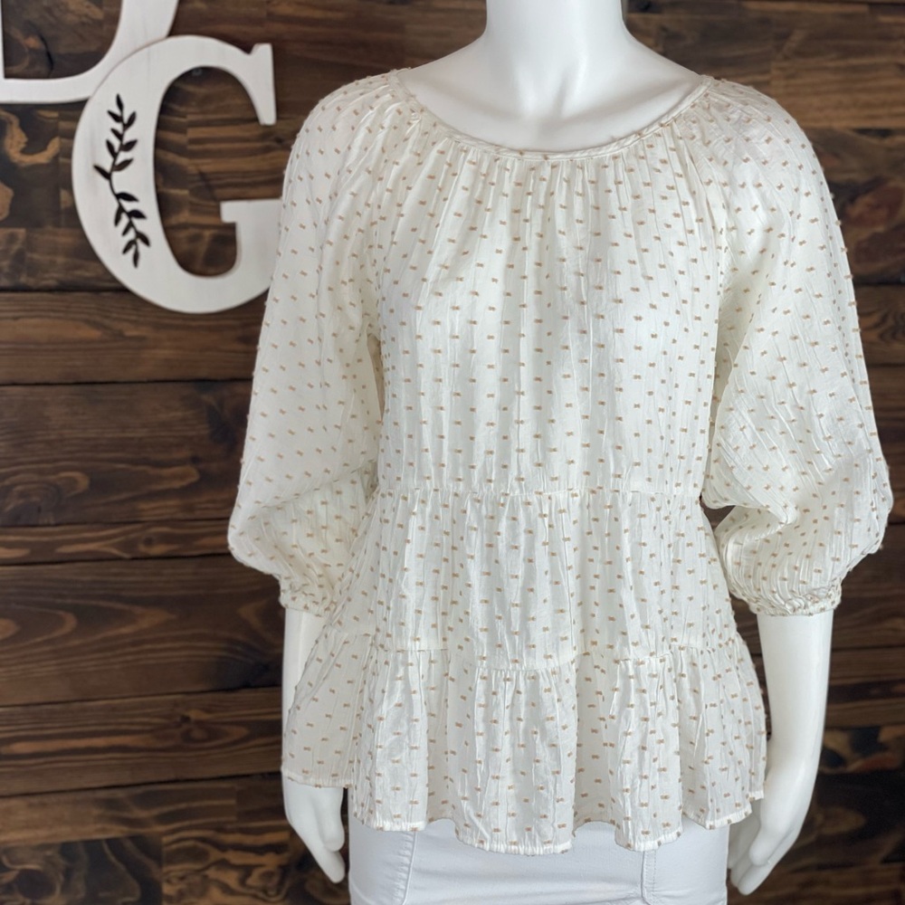 Blu Pepper | Tiered Babydoll Swissdot Scoop Neck Button Down Back Blouse Puff